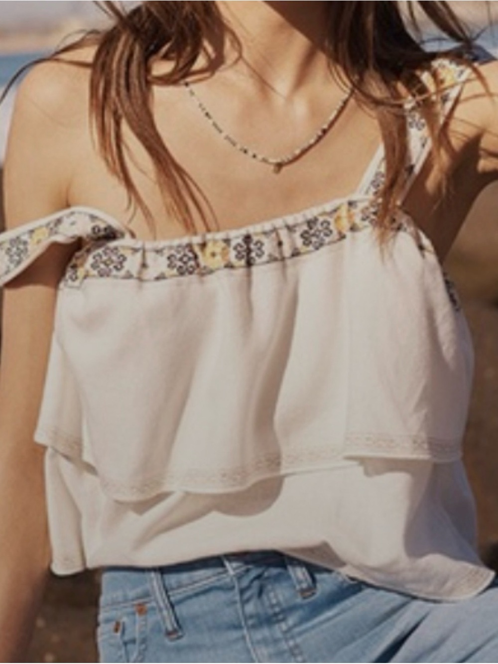 Madewell Anita Embroidered Linen Blend Ruffle Cropped Tank Top Size S